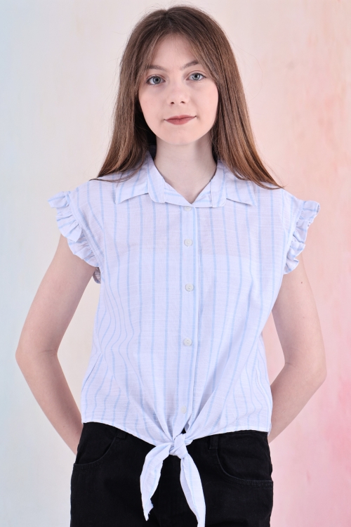 Kız Çocuk Kolları Fırfırlı ve Bel Bağlama Detaylı Crop Gömlek 6-14 Yaş 12252