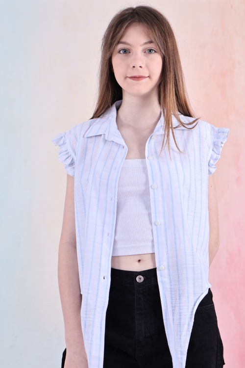 Kız Çocuk Kolları Fırfırlı ve Bel Bağlama Detaylı Crop Gömlek 6-14 Yaş 12252