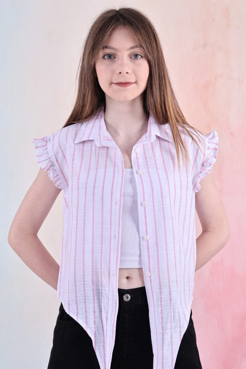 Kız Çocuk Kolları Fırfırlı ve Bel Bağlama Detaylı Crop Gömlek 6-14 Yaş 12252