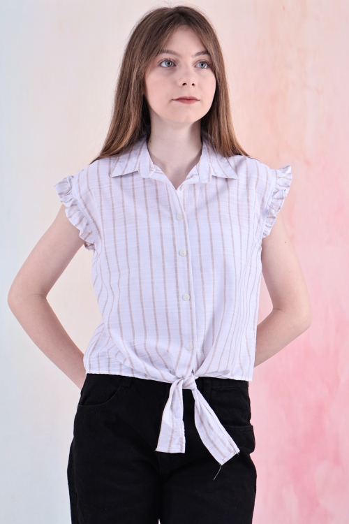 Kız Çocuk Kolları Fırfırlı ve Bel Bağlama Detaylı Crop Gömlek 6-14 Yaş 12252