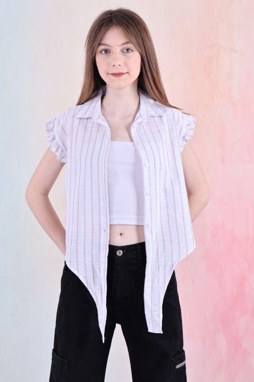 Kız Çocuk Kolları Fırfırlı ve Bel Bağlama Detaylı Crop Gömlek 6-14 Yaş 12252