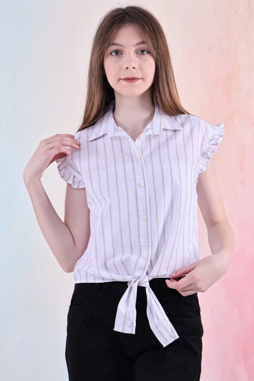 Kız Çocuk Kolları Fırfırlı ve Bel Bağlama Detaylı Crop Gömlek 6-14 Yaş 12252