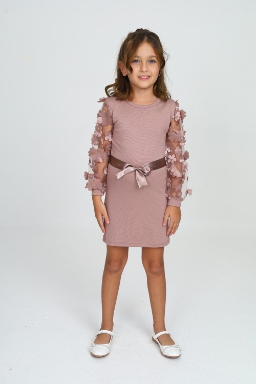 Kız Çocuk Kolları Tüllü Ve Aksesuarlı Elbise 12130