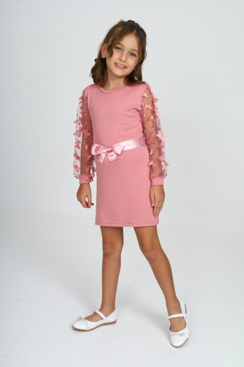 Kız Çocuk Kolları Tüllü Ve Aksesuarlı Elbise 12130