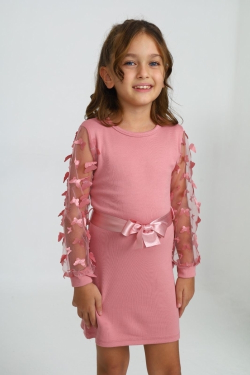 Kız Çocuk Kolları Tüllü Ve Aksesuarlı Elbise 12130