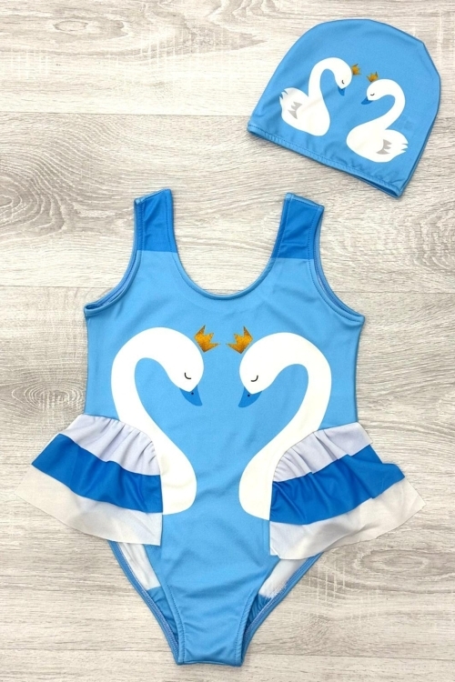 Kız Çocuk Kuğu Baskılı Fırfırlı ve Boneli Mayo Takımı 3-10 Yaş 12224