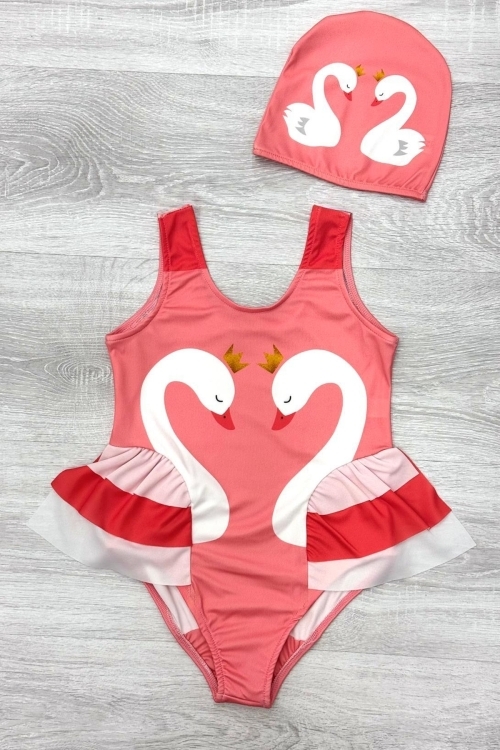 Kız Çocuk Kuğu Baskılı Fırfırlı ve Boneli Mayo Takımı 3-10 Yaş 12224