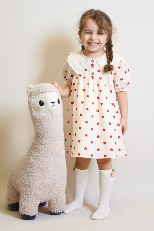 Kız Çocuk Müslin Kumaş Kalp Desenli Ve Yaka Detaylı Elbise 4-10 Yaş 12239