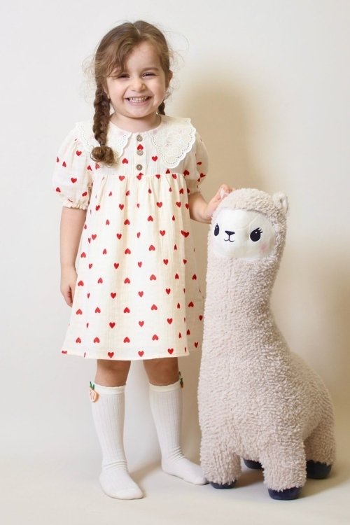 Kız Çocuk Müslin Kumaş Kalp Desenli Ve Yaka Detaylı Elbise 4-10 Yaş 12239