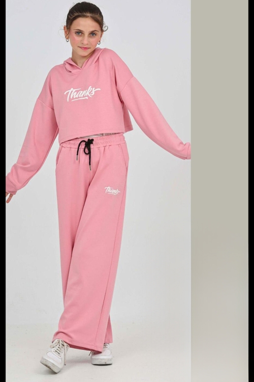 Kız Çocuk Oysho Kumaş Crop Tarz Kapüşonlu Geniş Paçalı Alt-Üst Takım 12295