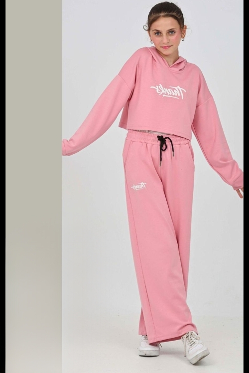 Kız Çocuk Oysho Kumaş Crop Tarz Kapüşonlu Geniş Paçalı Alt-Üst Takım 12295