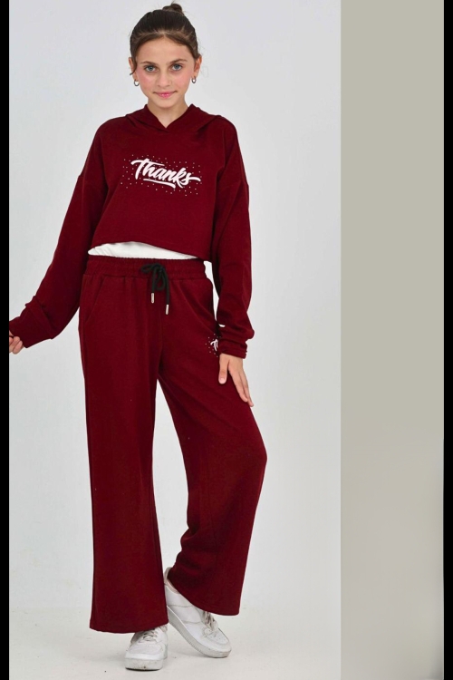 Kız Çocuk Oysho Kumaş Crop Tarz Kapüşonlu Geniş Paçalı Alt-Üst Takım 12295