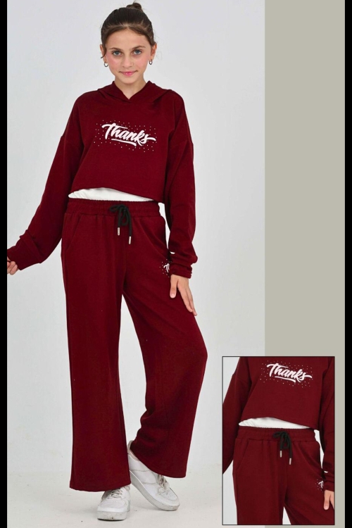 Kız Çocuk Oysho Kumaş Crop Tarz Kapüşonlu Geniş Paçalı Alt-Üst Takım 12295