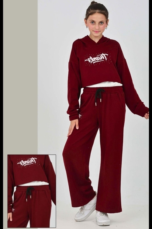 Kız Çocuk Oysho Kumaş Crop Tarz Kapüşonlu Geniş Paçalı Alt-Üst Takım 12295