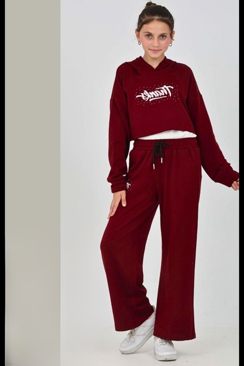 Kız Çocuk Oysho Kumaş Crop Tarz Kapüşonlu Geniş Paçalı Alt-Üst Takım 12295