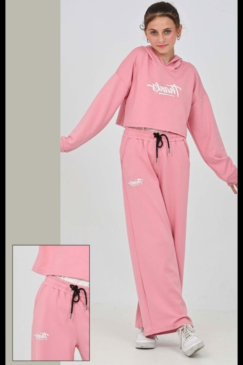 Kız Çocuk Oysho Kumaş Crop Tarz Kapüşonlu Geniş Paçalı Alt-Üst Takım 12295