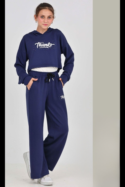 Kız Çocuk Oysho Kumaş Crop Tarz Kapüşonlu Geniş Paçalı Alt-Üst Takım 12295