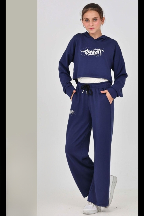 Kız Çocuk Oysho Kumaş Crop Tarz Kapüşonlu Geniş Paçalı Alt-Üst Takım 12295