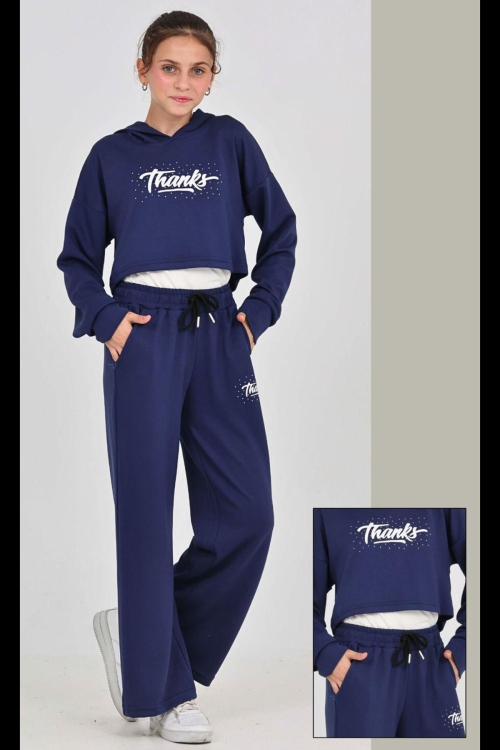 Kız Çocuk Oysho Kumaş Crop Tarz Kapüşonlu Geniş Paçalı Alt-Üst Takım 12295