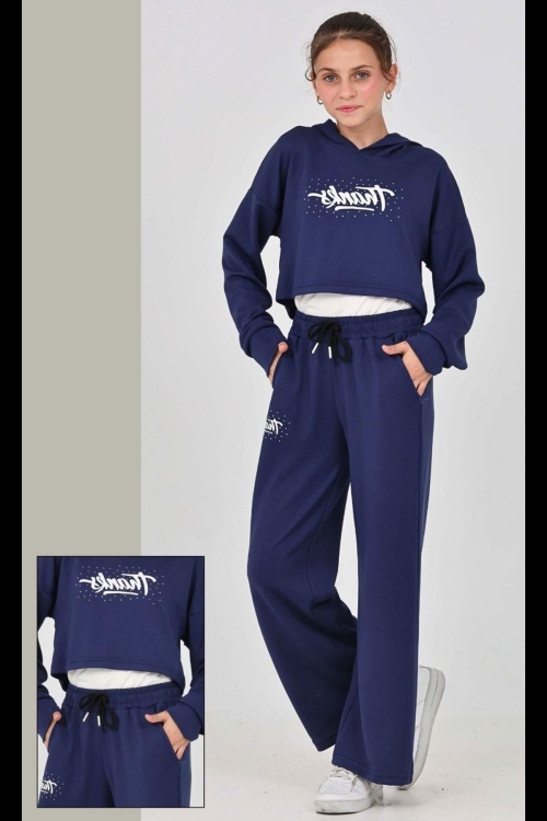 Kız Çocuk Oysho Kumaş Crop Tarz Kapüşonlu Geniş Paçalı Alt-Üst Takım 12295