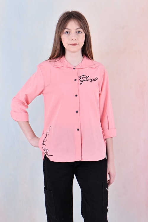 Kız Çocuk Panelli ve Yazı Baskılı Gömlek 6-15 Yaş 12255