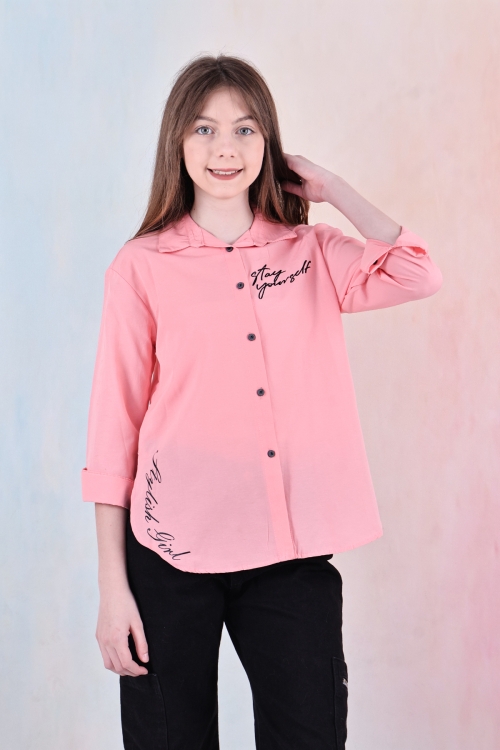 Kız Çocuk Panelli ve Yazı Baskılı Gömlek 6-15 Yaş 12255