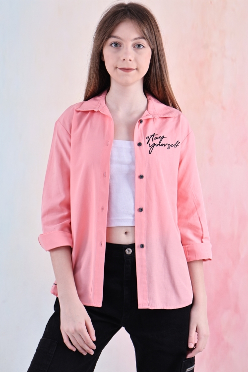 Kız Çocuk Panelli ve Yazı Baskılı Gömlek 6-15 Yaş 12255