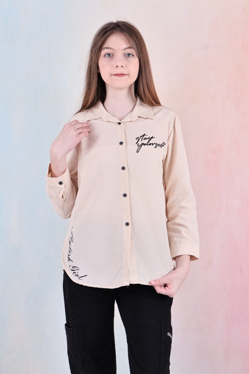 Kız Çocuk Panelli ve Yazı Baskılı Gömlek 6-15 Yaş 12255