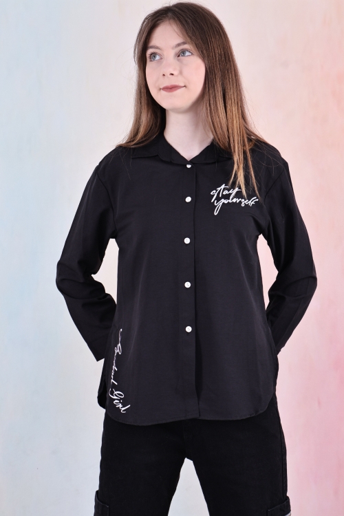 Kız Çocuk Panelli ve Yazı Baskılı Gömlek 6-15 Yaş 12255