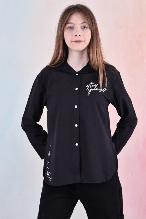 Kız Çocuk Panelli ve Yazı Baskılı Gömlek 6-15 Yaş 12255