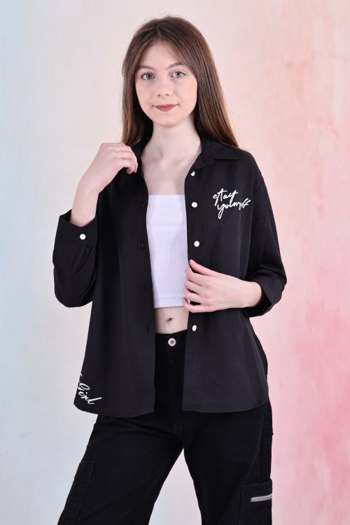 Kız Çocuk Panelli ve Yazı Baskılı Gömlek 6-15 Yaş 12255