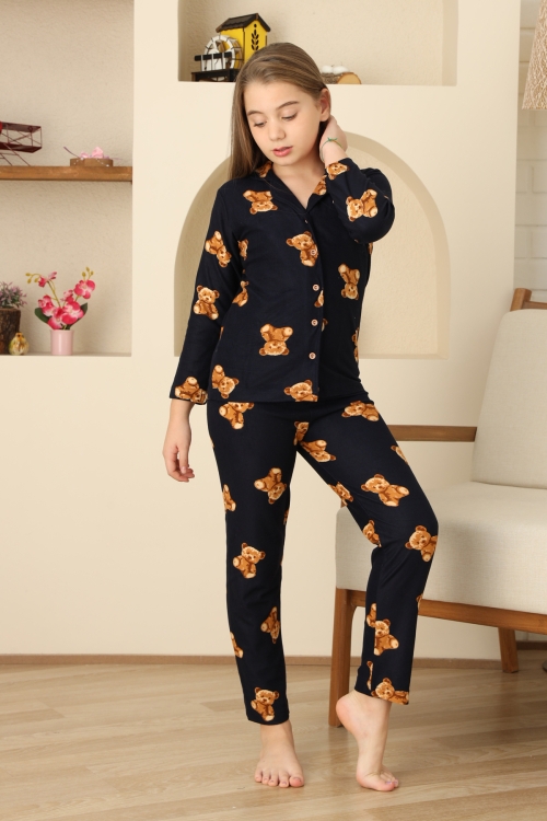 Kız Çocuk Pat Yakalı-Ayıcık Baskılı ve Düğme Kapamalı Pijama Takımı 12308