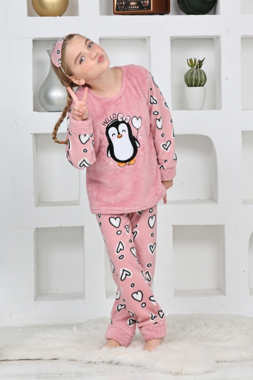 Kız Çocuk Welsoft Kumaş-Göz Bantlı Penguenli Pijama Takımı 12281