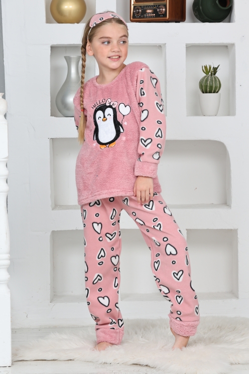 Kız Çocuk Welsoft Kumaş-Göz Bantlı Penguenli Pijama Takımı 12281