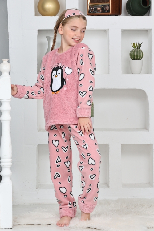 Kız Çocuk Welsoft Kumaş-Göz Bantlı Penguenli Pijama Takımı 12281