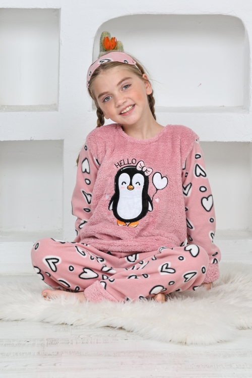Kız Çocuk Welsoft Kumaş-Göz Bantlı Penguenli Pijama Takımı 12281