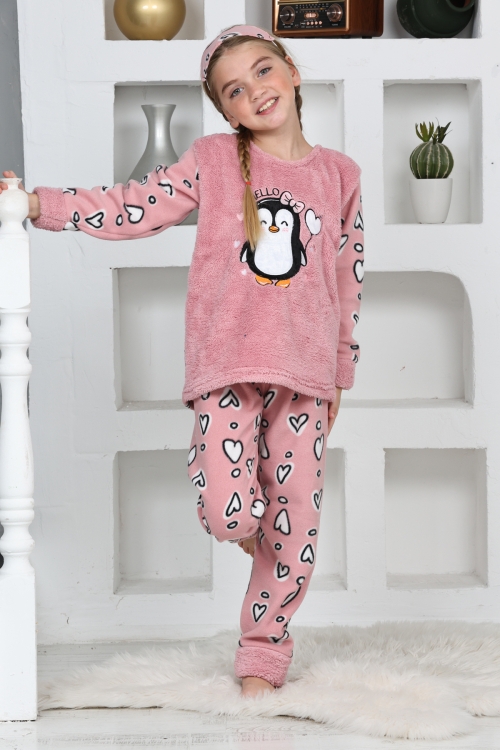 Kız Çocuk Welsoft Kumaş-Göz Bantlı Penguenli Pijama Takımı 12281
