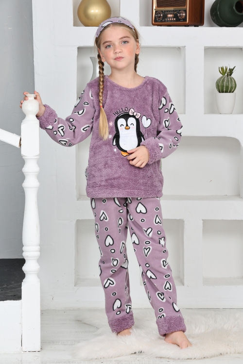 Kız Çocuk Welsoft Kumaş-Göz Bantlı Penguenli Pijama Takımı 12281