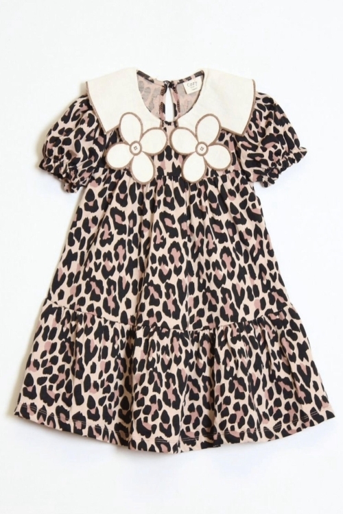 Kız Çocuk Rotasyon Desenli Yaka Detaylı Elbise 4-10 Yaş 12238