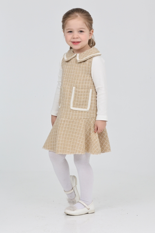 Kız Çocuk Şanel Kumaş Cepli  2li Elbise (Elbise+Bady Bluz)12175