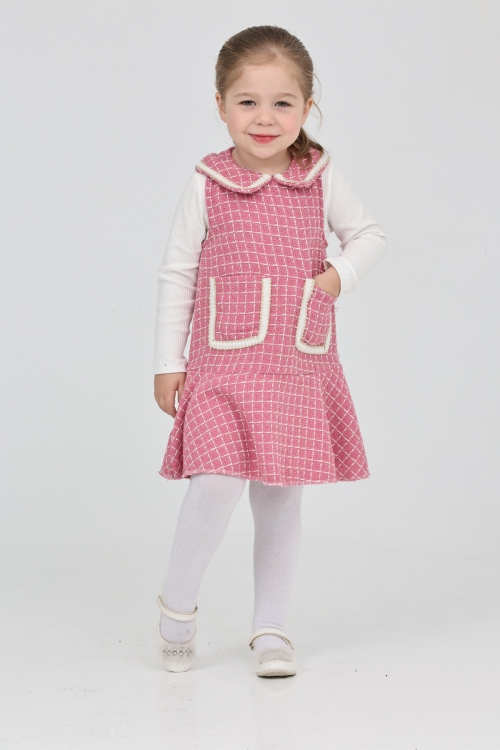 Kız Çocuk Şanel Kumaş Cepli  2li Elbise (Elbise+Bady Bluz)12175