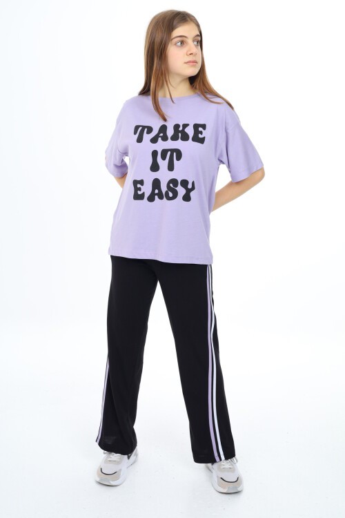 Kız Çocuk Şerit Detaylı Alt-Üst 2li Takım 12144