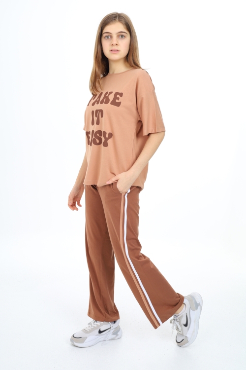 Kız Çocuk Şerit Detaylı Alt-Üst 2li Takım 12144