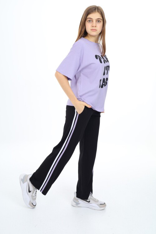 Kız Çocuk Şerit Detaylı Alt-Üst 2li Takım 12144