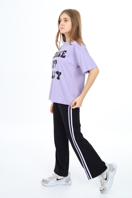 Kız Çocuk Şerit Detaylı Alt-Üst 2li Takım 12144