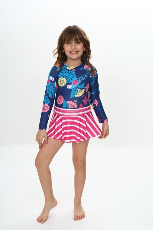 Kız Çocuk Şort Etekli Uzun Kollu Mayo Takımı 3-10 Yaş 12227