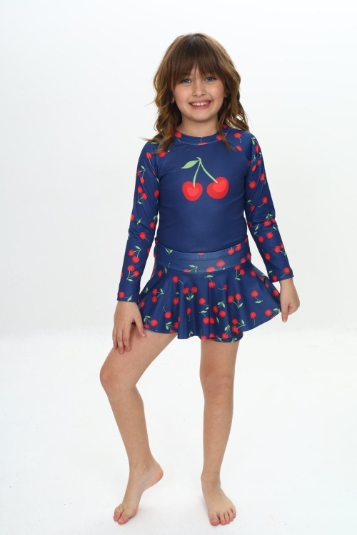 Kız Çocuk Şort Etekli Uzun Kollu Mayo Takımı 3-10 Yaş 12227