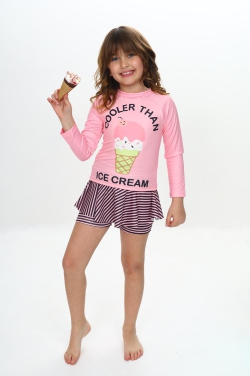 Kız Çocuk Şort Etekli Uzun Kollu Mayo Takımı 3-10 Yaş 12228