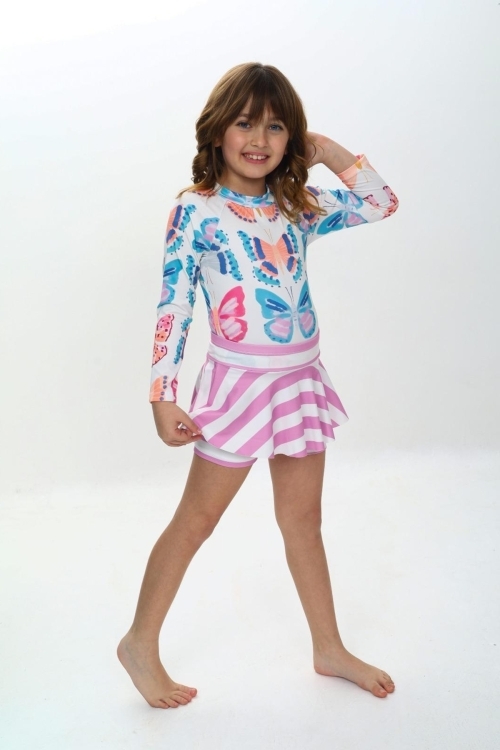 Kız Çocuk Şort Etekli Uzun Kollu Mayo Takımı 3-10 Yaş 12228