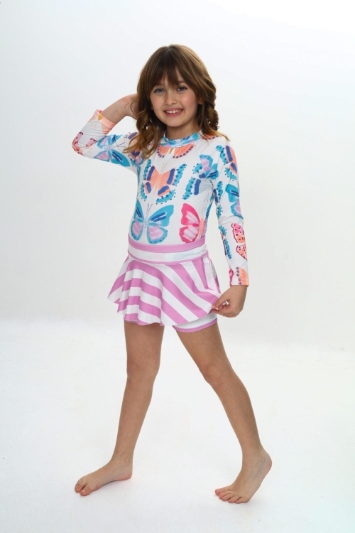Kız Çocuk Şort Etekli Uzun Kollu Mayo Takımı 3-10 Yaş 12228